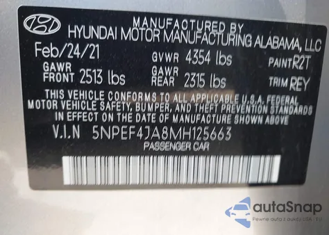 2021 Hyundai Sonata Sel z USA, uszkodzony, nr VIN 5NPEF4JA8MH125663